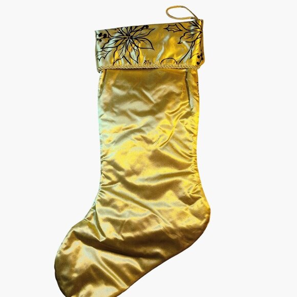 Gold Metallic Christmas Stocking Satin Poinsettia Floral Elegant Holiday Decor - Picture 3 of 4